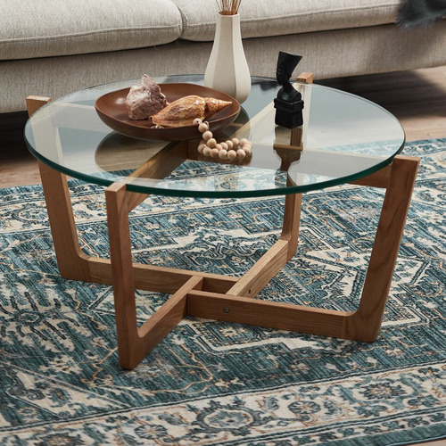 Glass top coffee table store with wood base